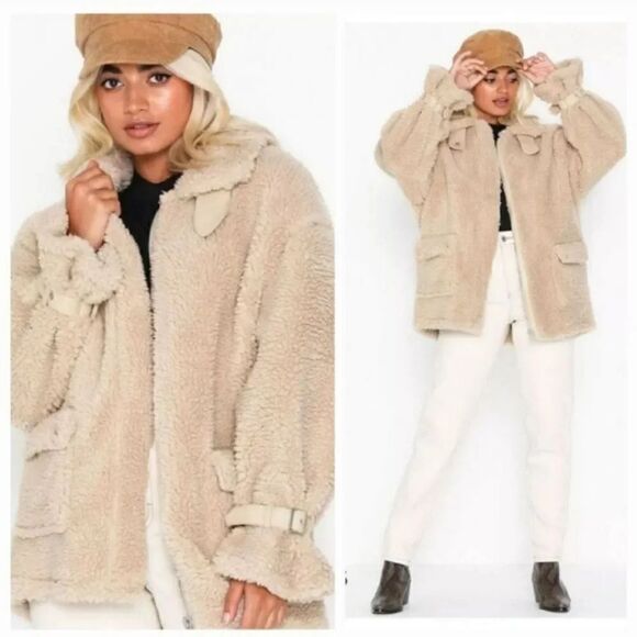 Missguided Borg Aviator Oversized Coat Jacket in Cream Faux Sherpa Size 12 - Picture 1 of 16